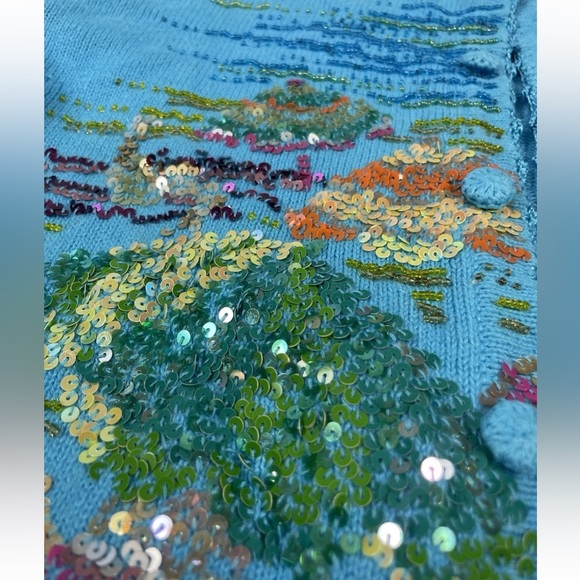 Quacker Factory Embellished Cardigan Sweater XS Sequin Beads Beach Umbrella BLUE - Picture 10 of 16